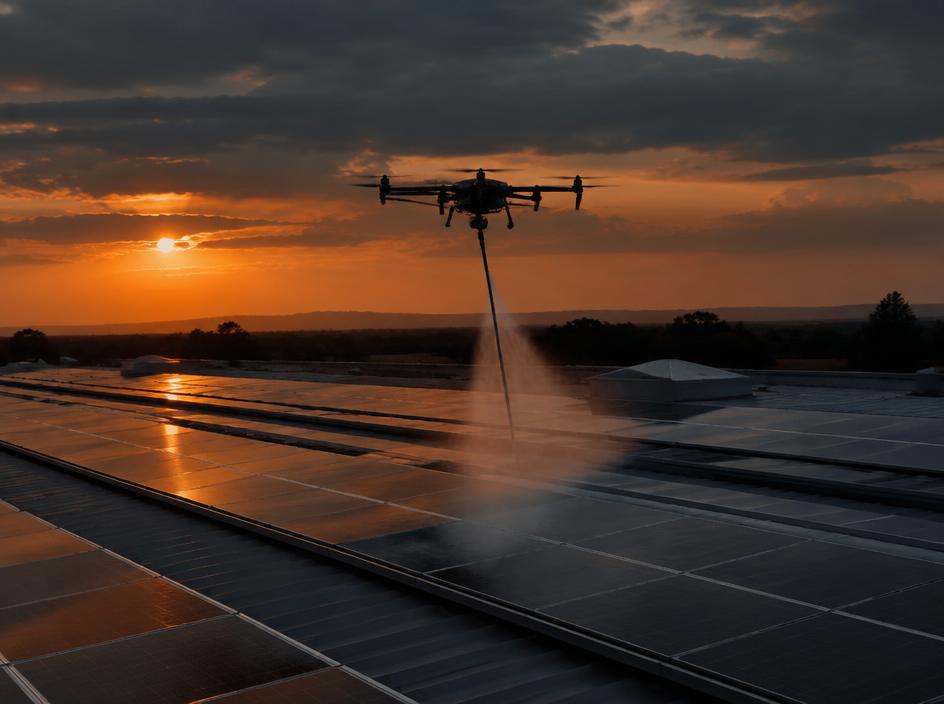 Dron që pastron panele diellore mbi çatinë e një depoje industriale